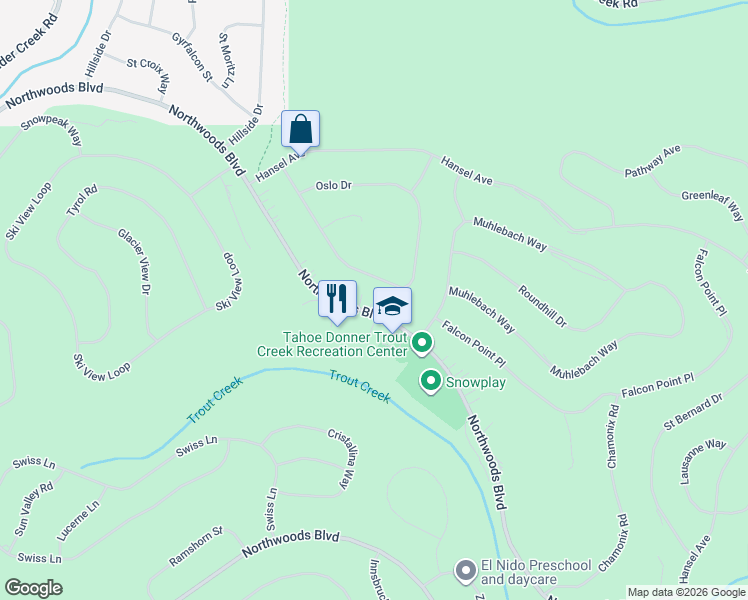 map of restaurants, bars, coffee shops, grocery stores, and more near 12796 Northwoods Boulevard in Truckee