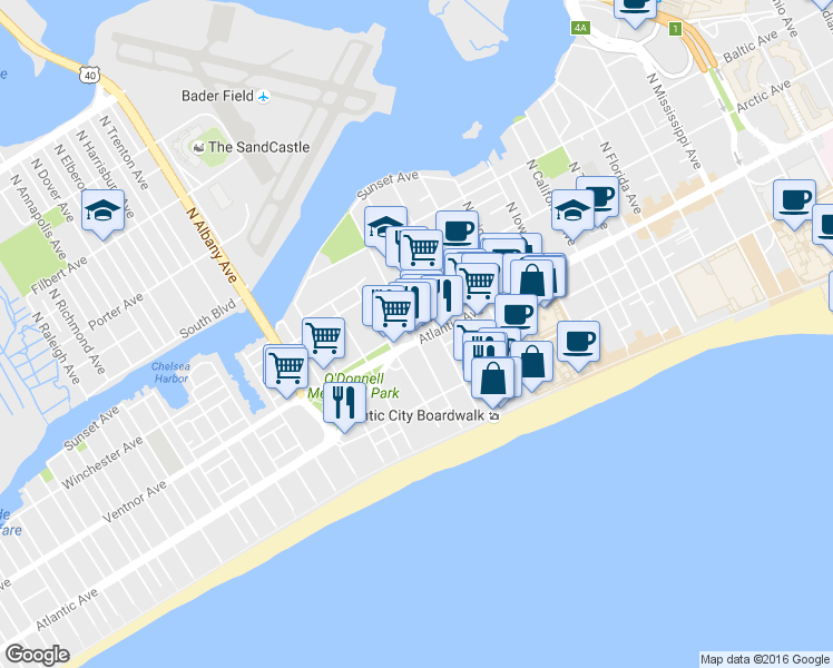 map of restaurants, bars, coffee shops, grocery stores, and more near 3320 Atlantic Avenue in Atlantic City