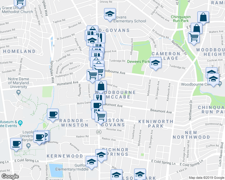 map of restaurants, bars, coffee shops, grocery stores, and more near 5207 Ready Avenue in Baltimore