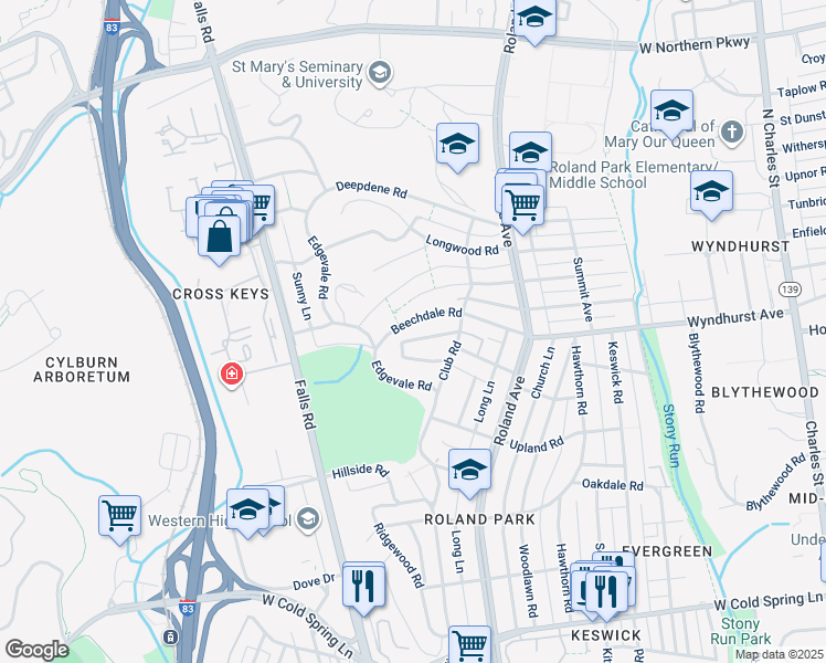 map of restaurants, bars, coffee shops, grocery stores, and more near 113 Beechdale Road in Baltimore