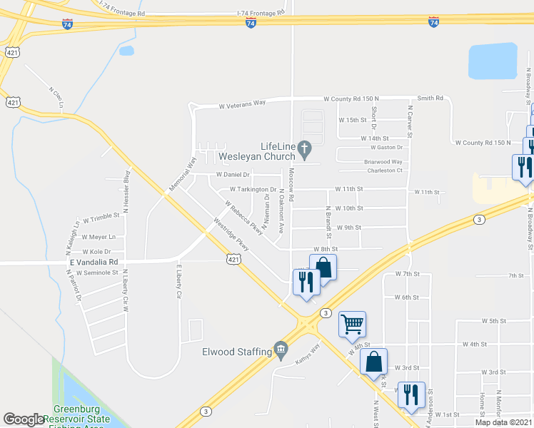 map of restaurants, bars, coffee shops, grocery stores, and more near 1705 North Nieman Drive in Greensburg