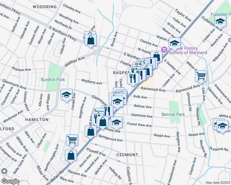 map of restaurants, bars, coffee shops, grocery stores, and more near 6420 Rosemont Avenue in Baltimore