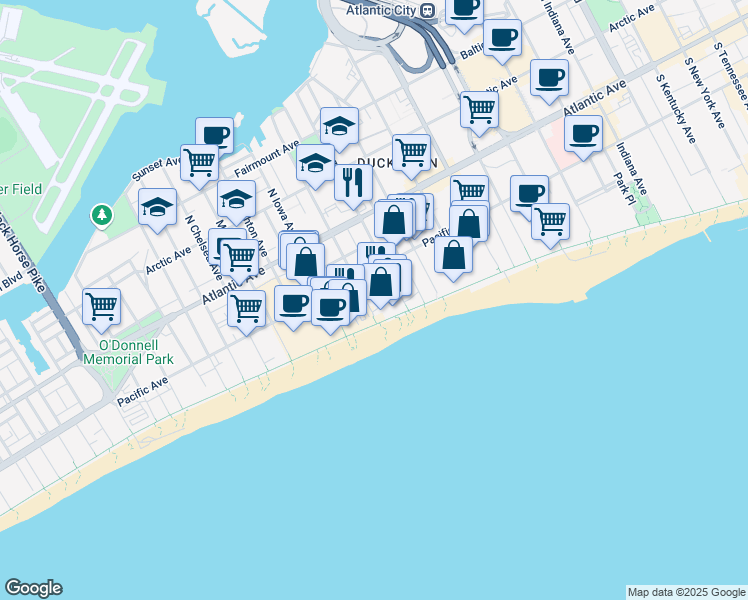 map of restaurants, bars, coffee shops, grocery stores, and more near 106 South Texas Avenue in Atlantic City