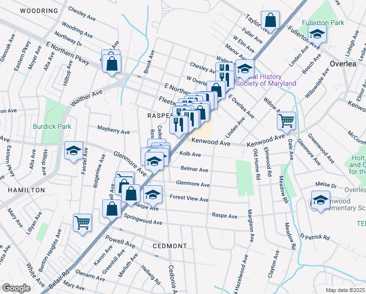 map of restaurants, bars, coffee shops, grocery stores, and more near 6515 Belair Road in Baltimore