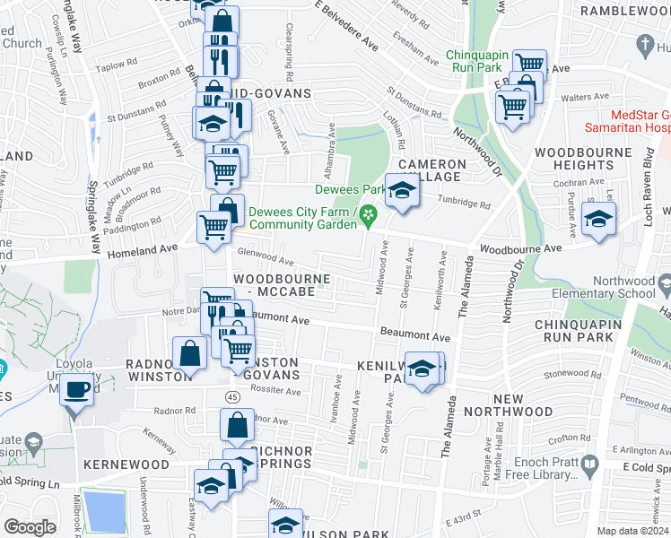 map of restaurants, bars, coffee shops, grocery stores, and more near 738 Glenwood Avenue in Baltimore