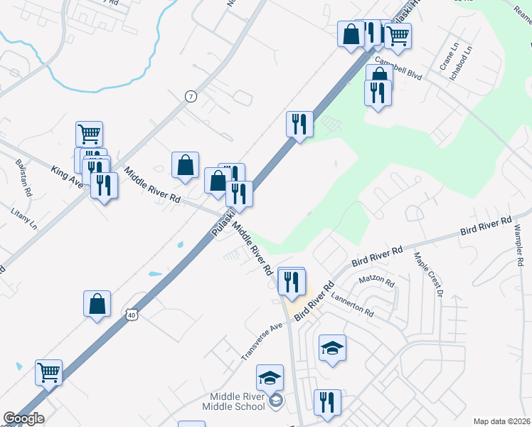 map of restaurants, bars, coffee shops, grocery stores, and more near 9600 Pulaski Park Drive in Baltimore