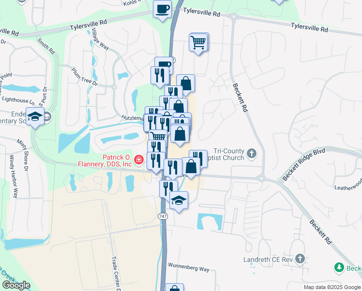 map of restaurants, bars, coffee shops, grocery stores, and more near 8192 Princeton Glendale Road in Beckett Ridge