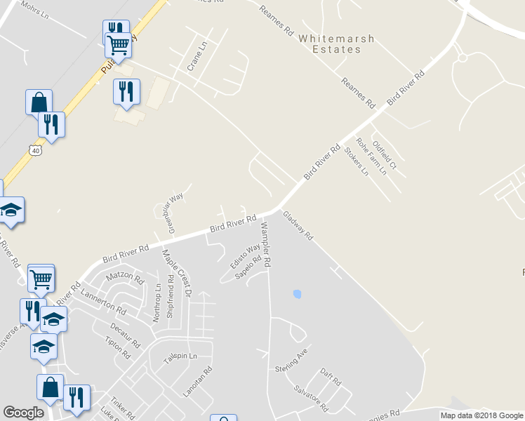 map of restaurants, bars, coffee shops, grocery stores, and more near 9884 Bird River Road in Middle River