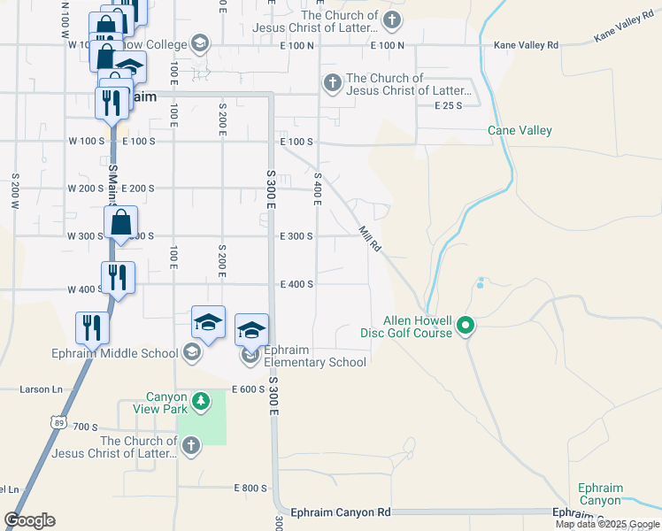 map of restaurants, bars, coffee shops, grocery stores, and more near 325 South 430 East in Ephraim