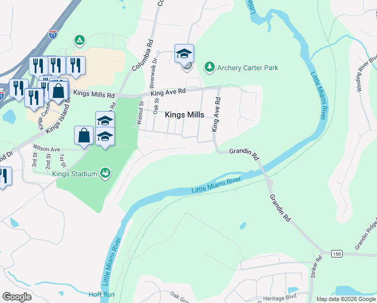 map of restaurants, bars, coffee shops, grocery stores, and more near 1685 Miami Street in Kings Mills