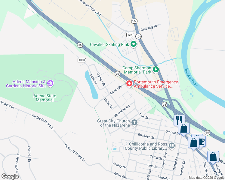 map of restaurants, bars, coffee shops, grocery stores, and more near 5 Neenah Road in Chillicothe