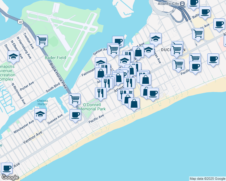 map of restaurants, bars, coffee shops, grocery stores, and more near 3101 Atlantic Avenue in Atlantic City