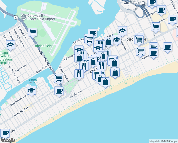 map of restaurants, bars, coffee shops, grocery stores, and more near 3101 Atlantic Avenue in Atlantic City