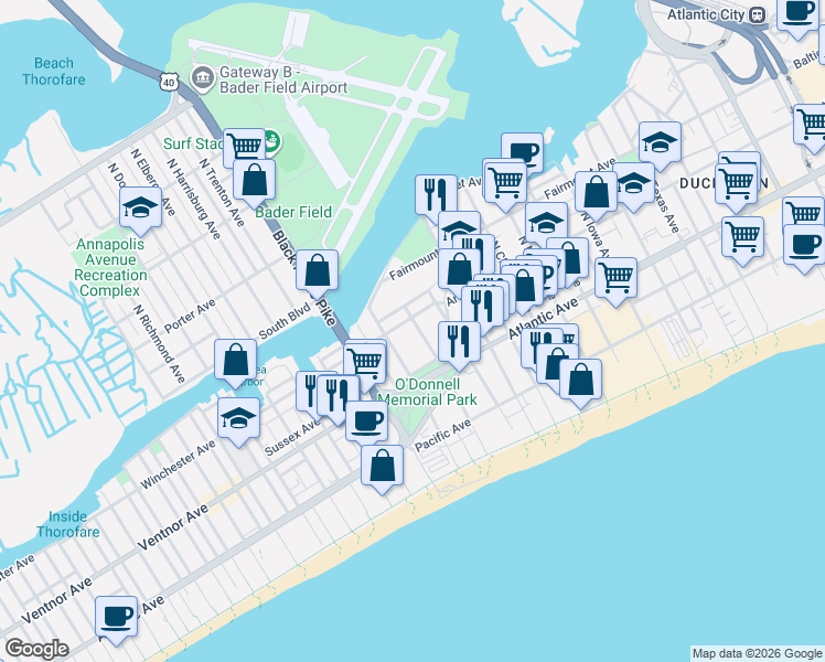 map of restaurants, bars, coffee shops, grocery stores, and more near 3501 Winchester Avenue in Atlantic City