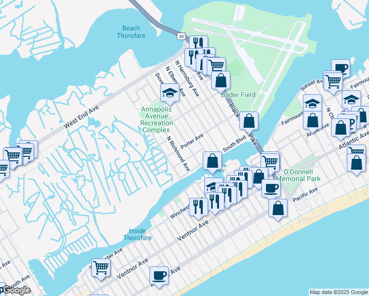 map of restaurants, bars, coffee shops, grocery stores, and more near 405 North Annapolis Avenue in Atlantic City