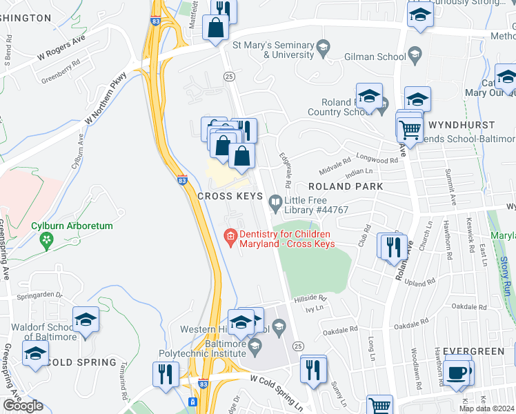 map of restaurants, bars, coffee shops, grocery stores, and more near 17 Cross Keys Road in Baltimore