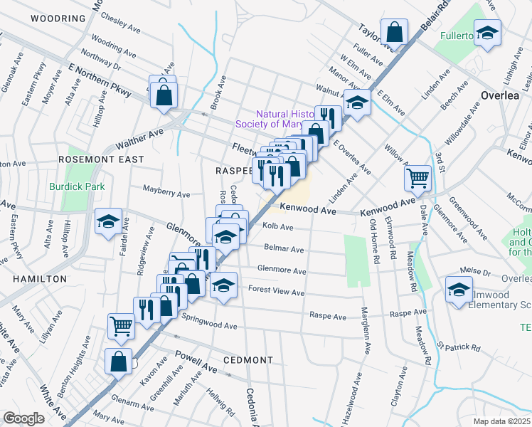 map of restaurants, bars, coffee shops, grocery stores, and more near 6515 Belair Road in Baltimore