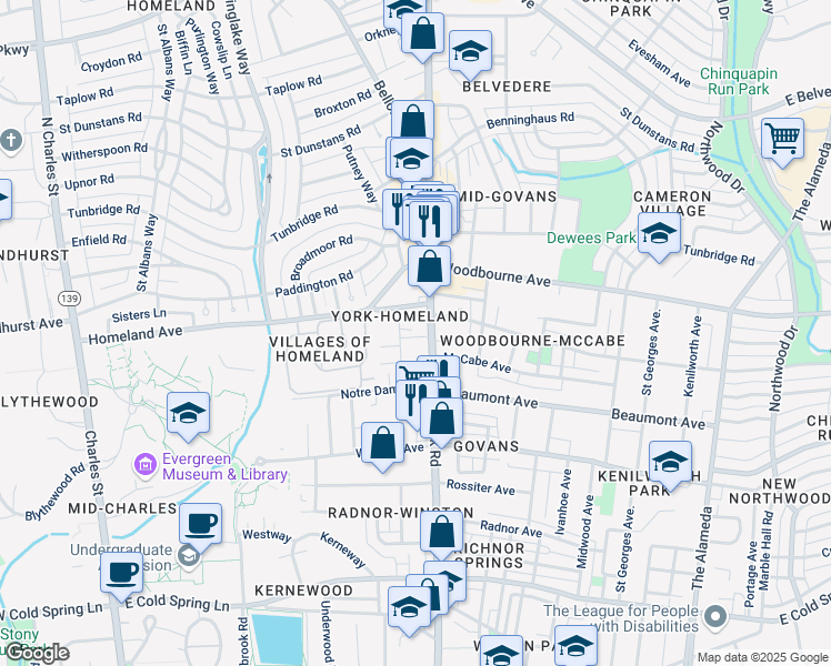 map of restaurants, bars, coffee shops, grocery stores, and more near 5220 York Road in Baltimore