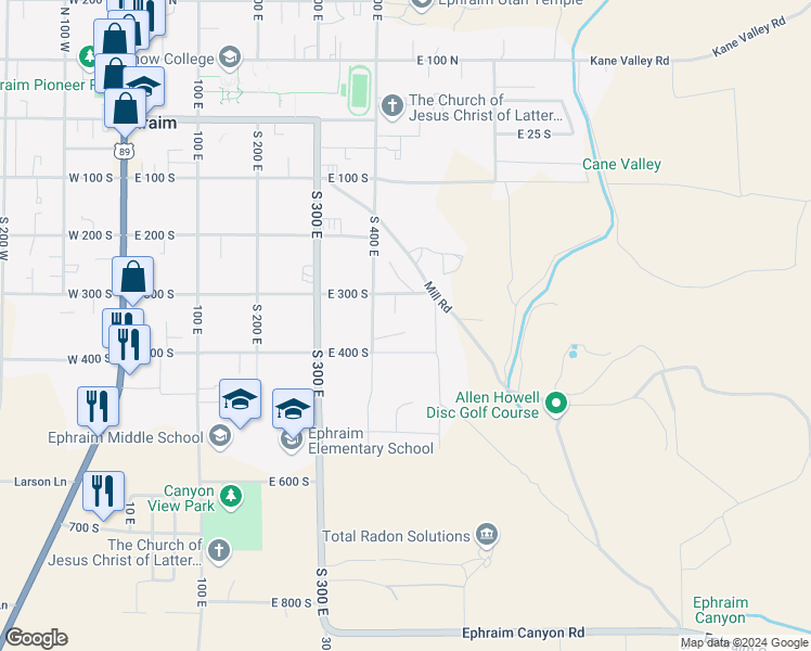 map of restaurants, bars, coffee shops, grocery stores, and more near 431 East 380 South in Ephraim
