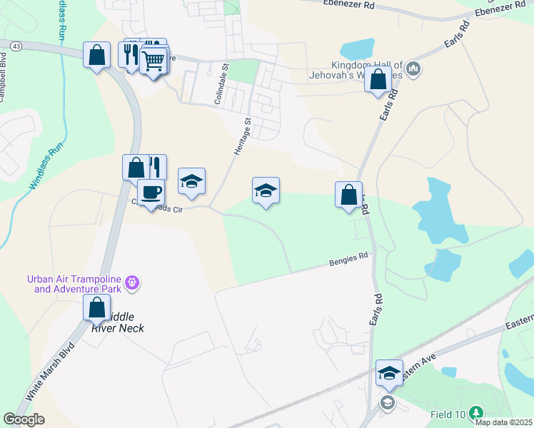 map of restaurants, bars, coffee shops, grocery stores, and more near 11685 Crossroads Circle in Middle River