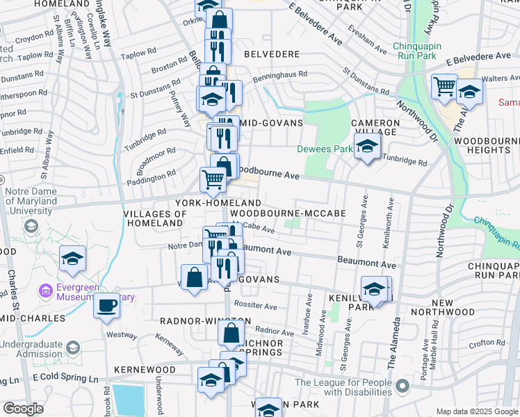 map of restaurants, bars, coffee shops, grocery stores, and more near 5219 Ready Avenue in Baltimore