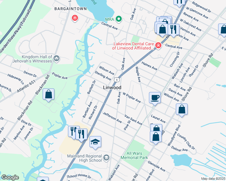 map of restaurants, bars, coffee shops, grocery stores, and more near in Linwood