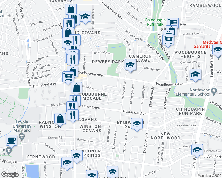 map of restaurants, bars, coffee shops, grocery stores, and more near 805 Sheridan Avenue in Baltimore