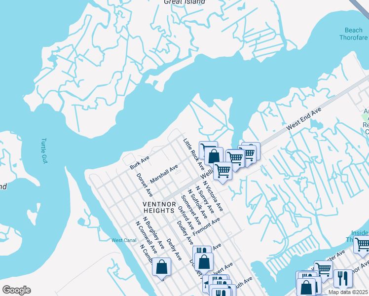 map of restaurants, bars, coffee shops, grocery stores, and more near 818 North Littlerock Avenue in Ventnor City
