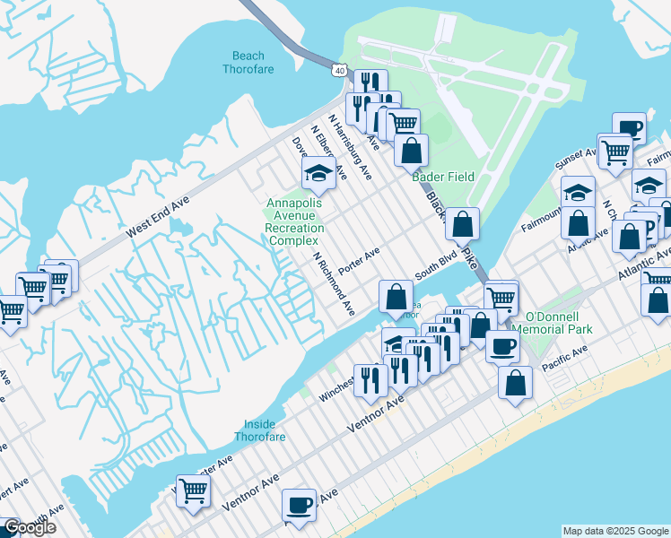map of restaurants, bars, coffee shops, grocery stores, and more near 405 North Annapolis Avenue in Atlantic City