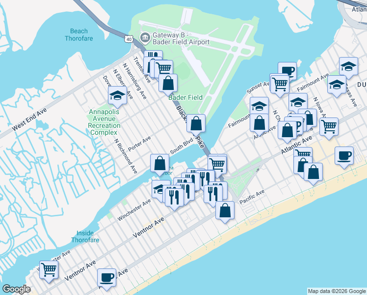 map of restaurants, bars, coffee shops, grocery stores, and more near 3801 South Boulevard in Atlantic City