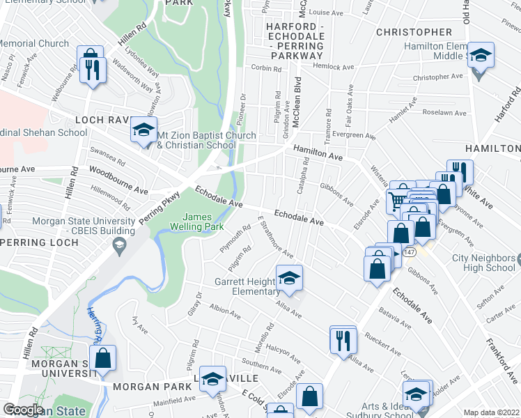 map of restaurants, bars, coffee shops, grocery stores, and more near Echodale Ave & E Strathmore Ave in Baltimore