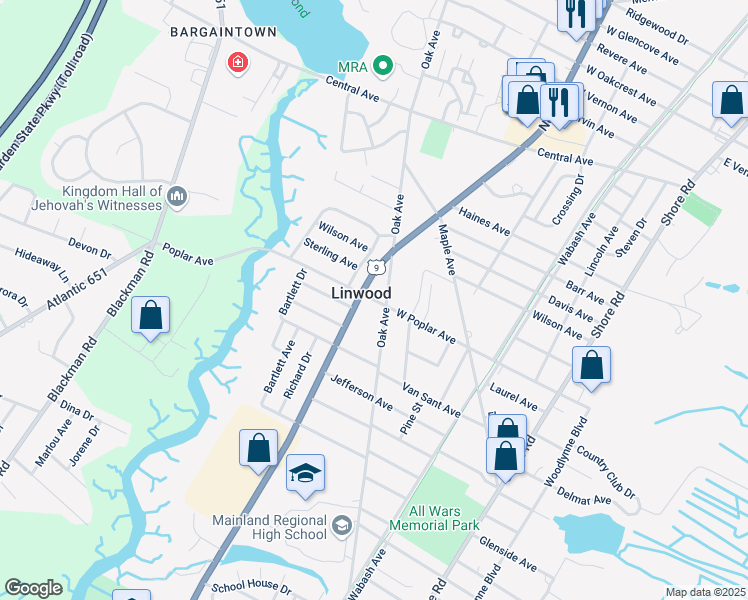 map of restaurants, bars, coffee shops, grocery stores, and more near in Linwood