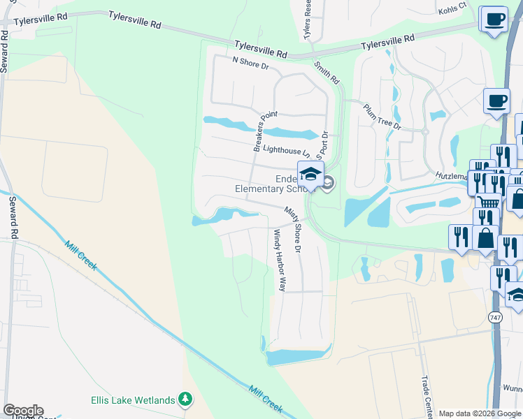 map of restaurants, bars, coffee shops, grocery stores, and more near 7992 Misty Shore Drive in Butler County