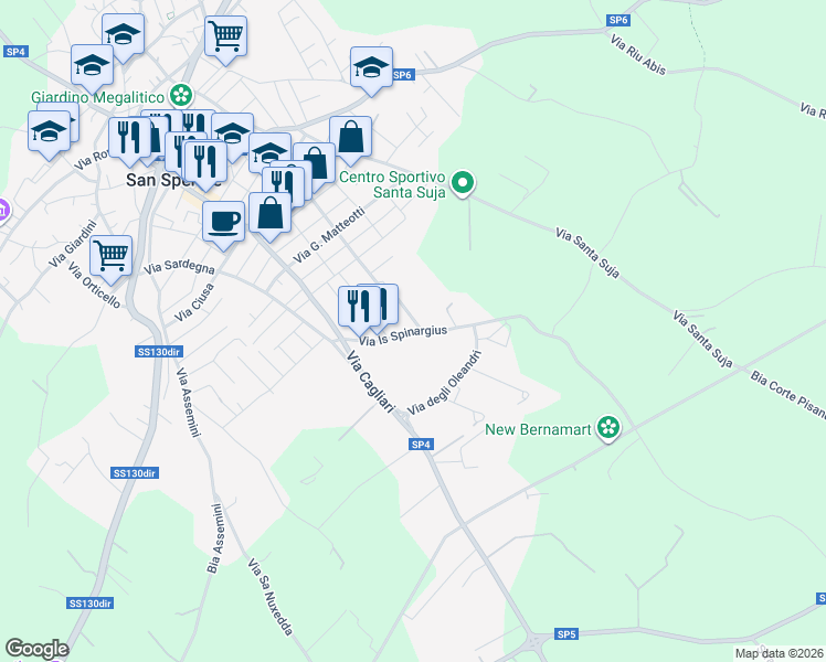 map of restaurants, bars, coffee shops, grocery stores, and more near 8 Via Pio La Torre in San Sperate
