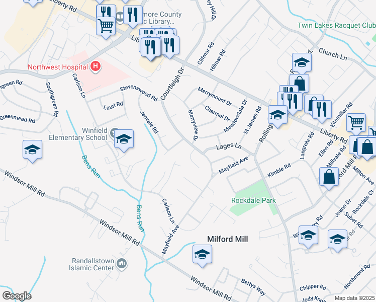 map of restaurants, bars, coffee shops, grocery stores, and more near 8402 Maymeadow Court in Milford Mill
