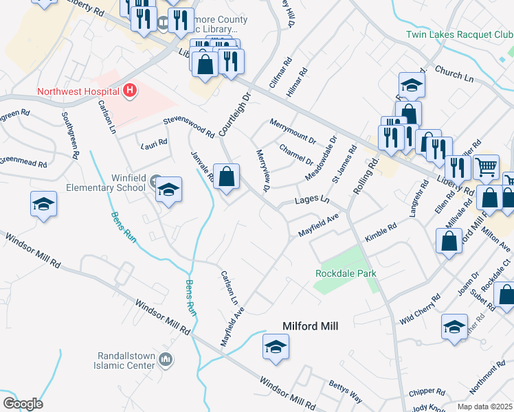 map of restaurants, bars, coffee shops, grocery stores, and more near 8402 Maymeadow Court in Milford Mill