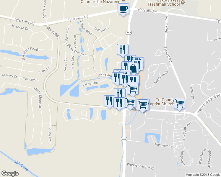 map of restaurants, bars, coffee shops, grocery stores, and more near 4524 Lakes Edge in Butler County
