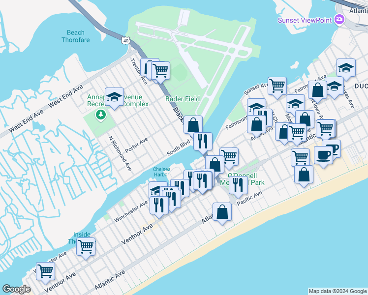map of restaurants, bars, coffee shops, grocery stores, and more near 3801 South Boulevard in Atlantic City