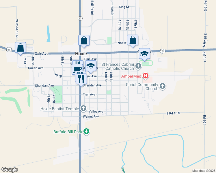 map of restaurants, bars, coffee shops, grocery stores, and more near 1201 Sheridan Avenue in Hoxie