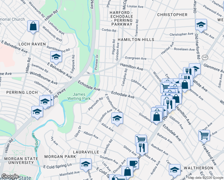 map of restaurants, bars, coffee shops, grocery stores, and more near 2210 Echodale Avenue in Baltimore
