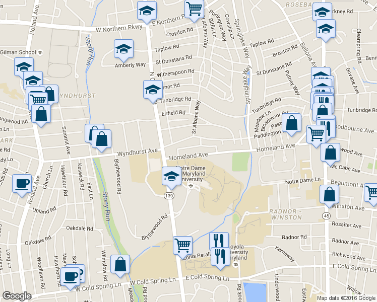 map of restaurants, bars, coffee shops, grocery stores, and more near 114 Homeland Avenue in Baltimore