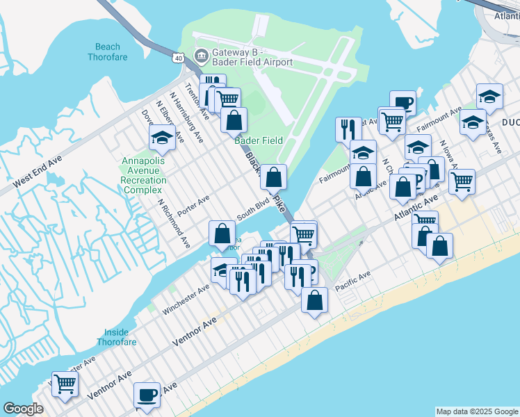 map of restaurants, bars, coffee shops, grocery stores, and more near 3801 South Boulevard in Atlantic City