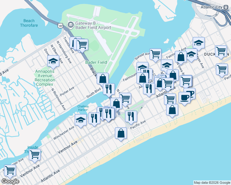 map of restaurants, bars, coffee shops, grocery stores, and more near 128 North Hartford Avenue in Atlantic City