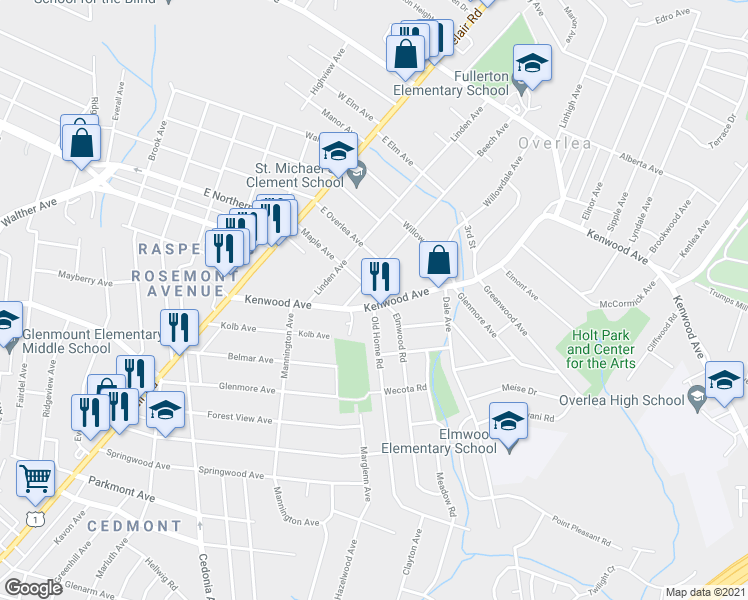 map of restaurants, bars, coffee shops, grocery stores, and more near 4422 Kenwood Avenue in Baltimore