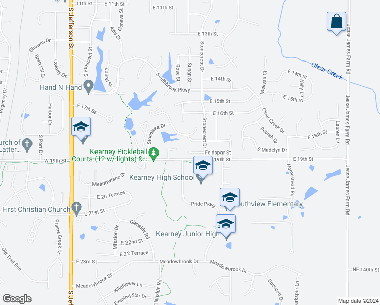 map of restaurants, bars, coffee shops, grocery stores, and more near 704 Feldspar in Kearney