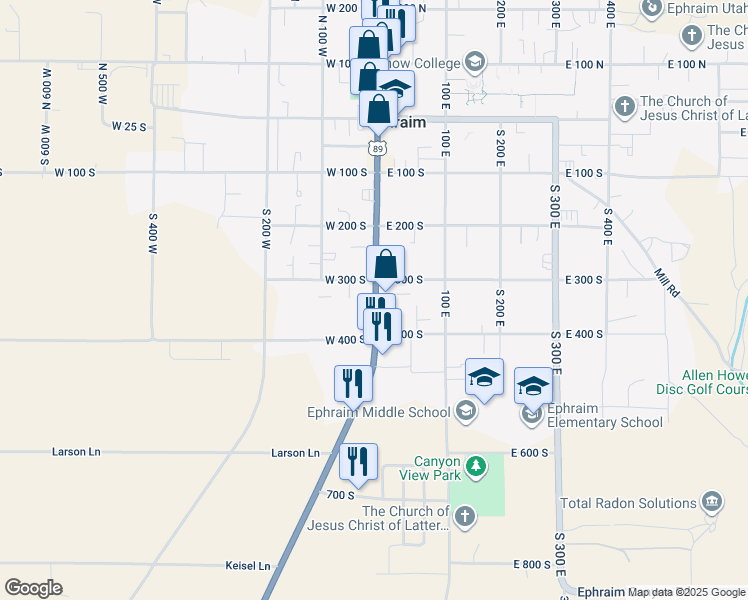 map of restaurants, bars, coffee shops, grocery stores, and more near 335 South 50 West in Ephraim