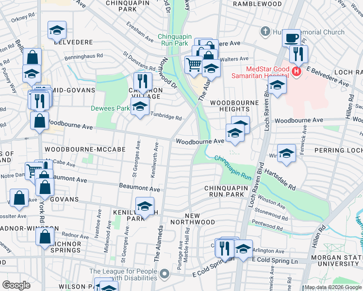map of restaurants, bars, coffee shops, grocery stores, and more near 1217 Woodbourne Avenue in Baltimore