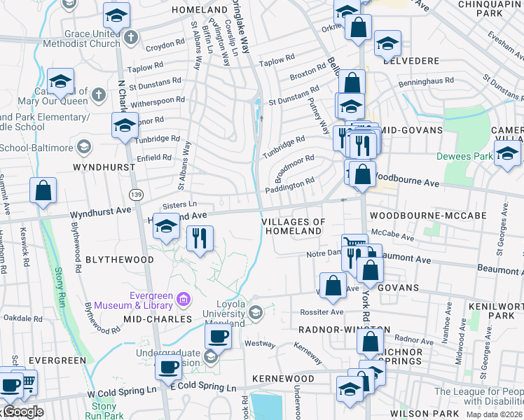 map of restaurants, bars, coffee shops, grocery stores, and more near Springlake Way & Homeland Ave in Baltimore