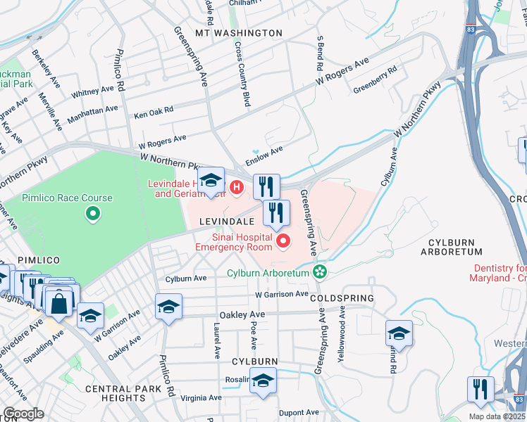map of restaurants, bars, coffee shops, grocery stores, and more near 2411 West Belvedere Avenue in Baltimore