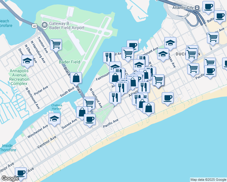 map of restaurants, bars, coffee shops, grocery stores, and more near 32 North Boston Avenue in Atlantic City